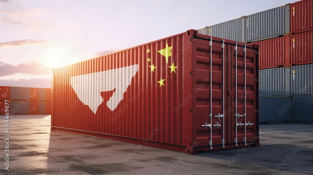 Cargo shipping container with China flag in a port harbor. Production, delivery, shipping and freight transportation of chinese products concept. 3d illustration Cargo shipping container with China flag in a port harbor. Production, delivery, shipping and freight transportation of chinese products concept. 3d illustration