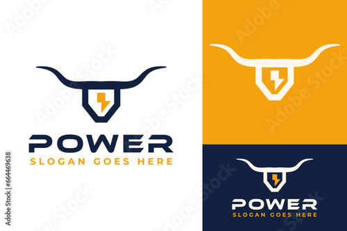 Simple Long Horn Buffalo Bull Bison with Electric Thunder Logo Design Branding Template