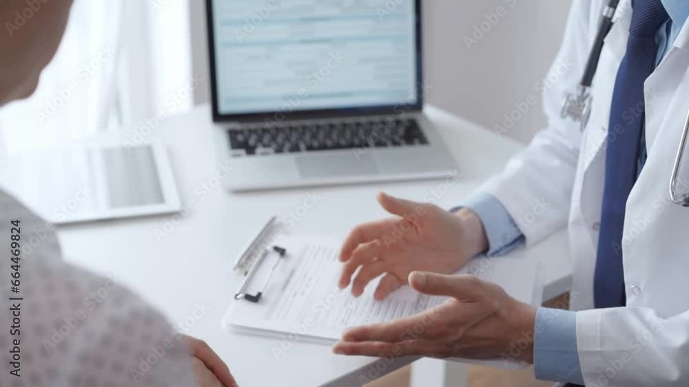 Doctor and patient are sitting at the table near the window and talking in the clinic. The unknown male pediatrician is discussing something with a middle-aged woman, closeup of hands. Medicine Doctor and patient are sitting at the table near the window and talking in the clinic. The unknown male pediatrician is discussing something with a middle-aged woman, closeup of hands. Medicine