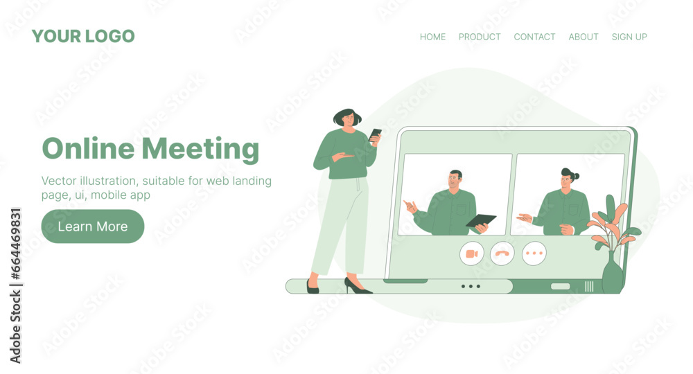 Online Meeting. Web Landing Page Design. Flat Cartoon Vector Illustration.
