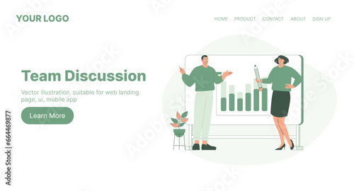 Team Discussion. Web Landing Page Design. Flat Cartoon Vector Illustration.