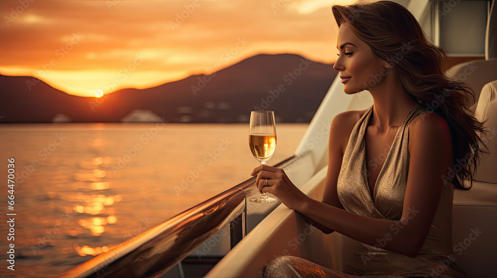 Fototapeta premium a glamorous model lounging on a luxurious yacht at sunset, wearing an elegant evening gown and enjoying a glass of champagne