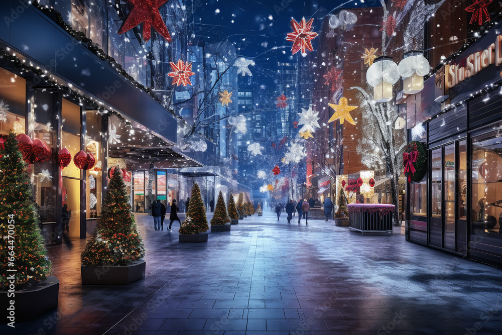 Incredible winter on New Year eve in New York city under bright light in frosty evening. Decorated Christmas tree on streets.