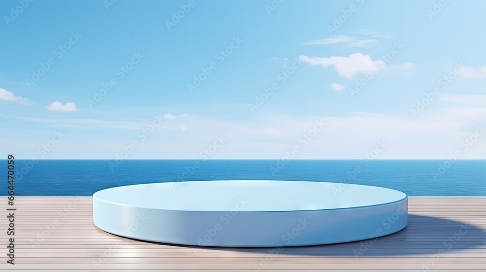 Product display podium on sea and sky blue background. 3D rendering