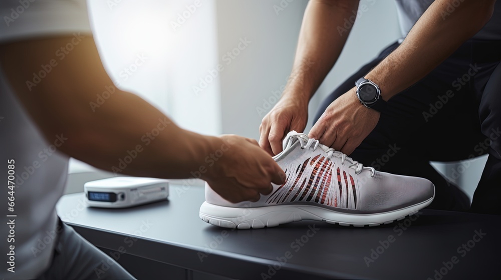 Doctor consulting patient on custom orthotic insoles in a clinic for a personalised custom fit. Feet recreation medicine concept - obrazy, fototapety, plakaty 