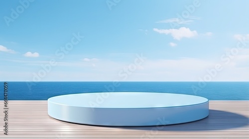 Product display podium on sea and sky blue background. 3D rendering © HN Works