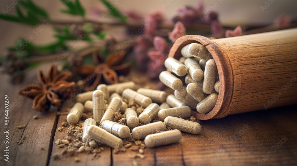 Alternative health care Chinese herbs powder in the white mortar and herbs capsule on old wooden background.With shallow depth of field. - obrazy, fototapety, plakaty 
