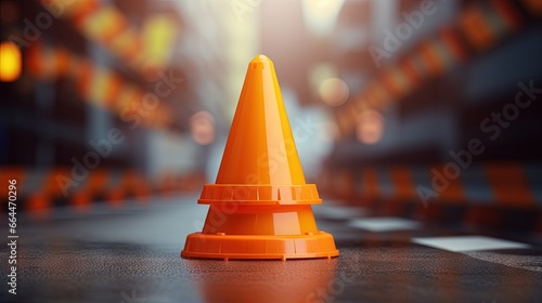 3D traffic cone on orange background of warning safety under construction symbol or transportation security attention street road sign and maintenance caution stop icon repair alert accident notice.