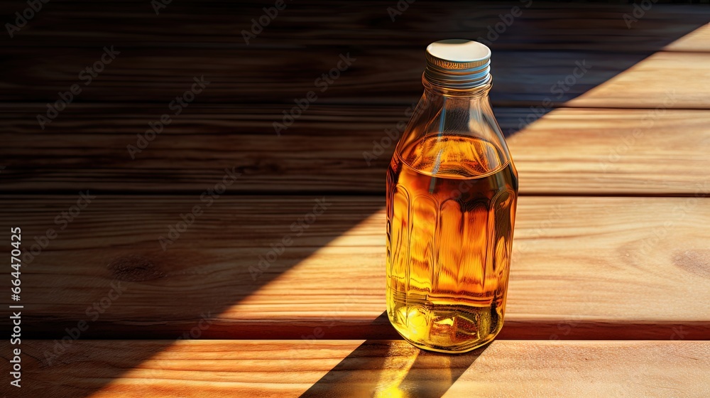 Vegetable oil in plastic bottle closeup on the old wooden table Vegetable oil in plastic bottle closeup on the old wooden table