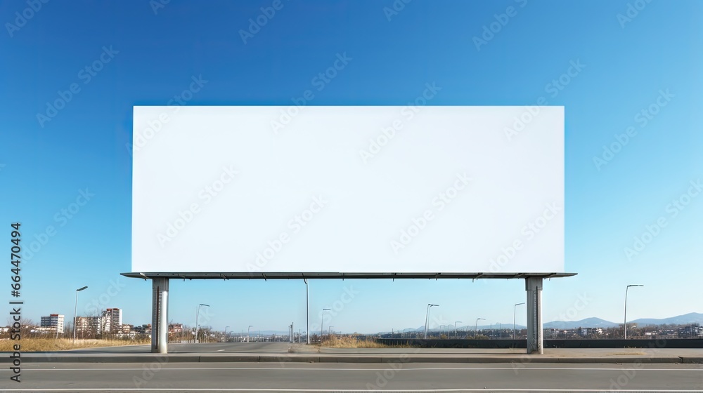 White blank hoarding poster with mockup space on construction site under blue sky - obrazy, fototapety, plakaty 