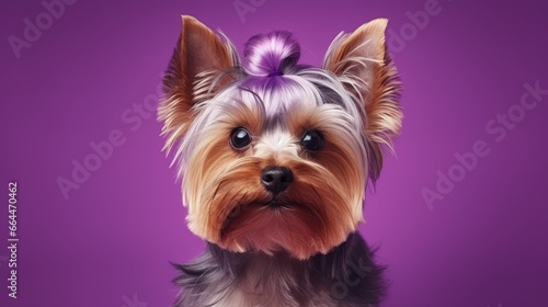 Cute Playful Yorkshire Terrier among purple background. Dog after pet grooming. Copy space © HN Works