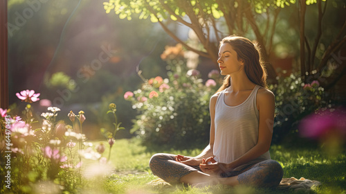 a serene yoga class practicing meditation in a peaceful garden, surrounded by blooming flowers, with gentle sunlight casting warm rays