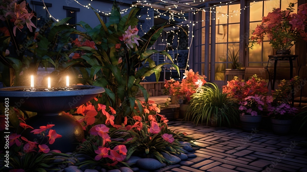 Illuminated home garden patio plants and evening party lights near small fountain