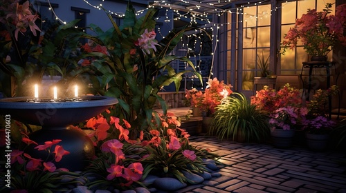 Illuminated home garden patio plants and evening party lights near small fountain © HN Works