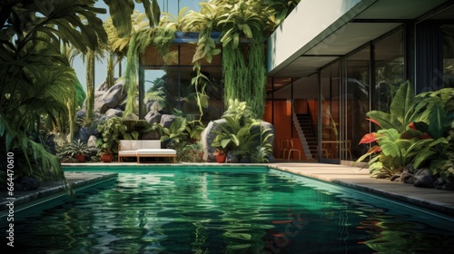 a home with a swimming pool and greenery
