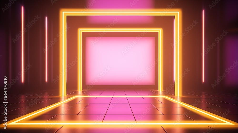 3d rendering, yellow pink squares, neon light, blank frames, abstract ultraviolet background, glowing lines, portal, vibrant colors, empty virtual windows, night club interior, fashion podium