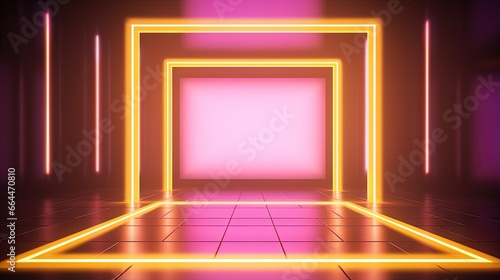 3d rendering, yellow pink squares, neon light, blank frames, abstract ultraviolet background, glowing lines, portal, vibrant colors, empty virtual windows, night club interior, fashion podium