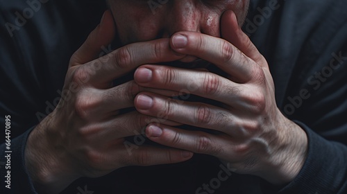 Close-up of hands shaking with fear, illustrating nervousness and apprehension. photo