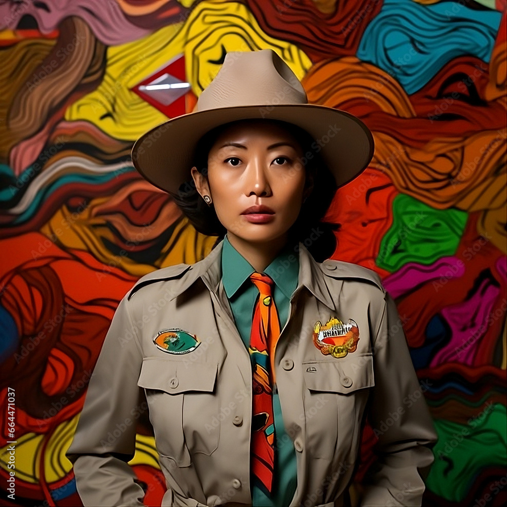Asian woman park ranger colorful and stunning Asian woman park ranger colorful and stunning