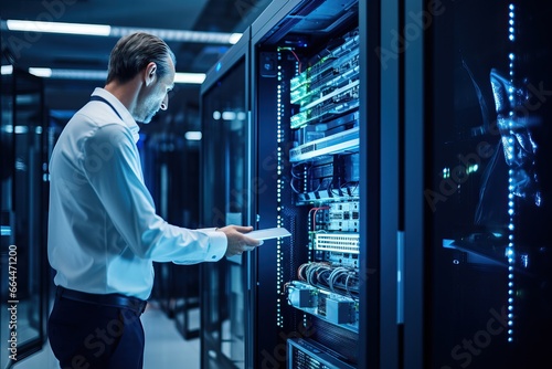 Technician or Engineer NentEnvicginia System engineers monitor server and network equipment performance through download balancing walls in the data center or server room photo