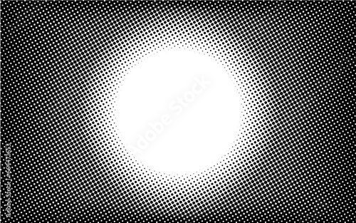 Horizontal circle frame gradient halftone dotted background. Dots texture banner template. Texture overlay grunge distress linear. Black and white duotone faded effect layout. Vector illustration