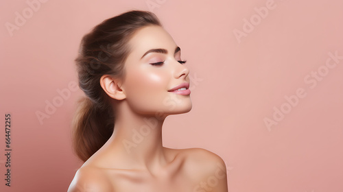 Portrait of a beautiful young woman with clean fresh skin on a pink background