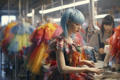 Fashion clothing factory. A girl model in a multicolored dress on the background of sewing machines dresses.