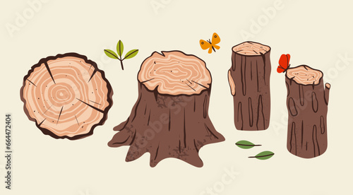 Set of tree Stumps, wooden logs, leaves. Side and top view. Isolated design elements. Hand drawn modern Vector illustration. Flat, cartoon trendy style. Forestry, wood work concept