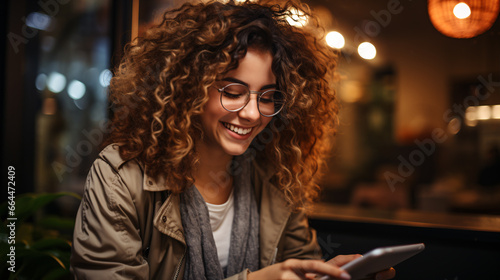 She gaily giggled while skimming a comical text on her mobile, exuding an air of cheerfulness.