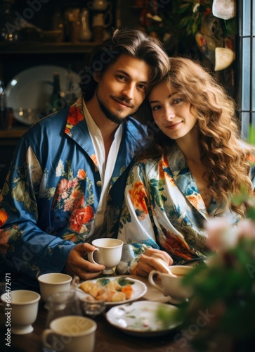 smiling couple in love spending time together. Cute young couple drinking coffee and enjoying morning time together