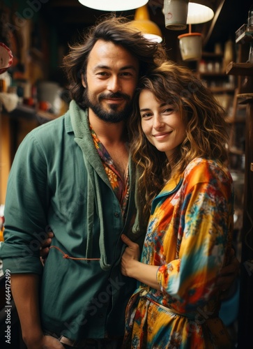 smiling couple in love spending time together. Cute young couple drinking coffee and enjoying morning time together