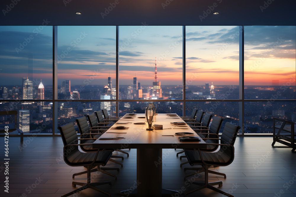 Obraz premium A meeting room with panoramic views of the city.