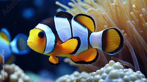 The saltwater fish Amphiprion clarkii, often referred to as Clark's anemonefish and yellowtail clownfish, is a member of the Pomacentridae family, which also includes clownfishes and damselfishes. photo
