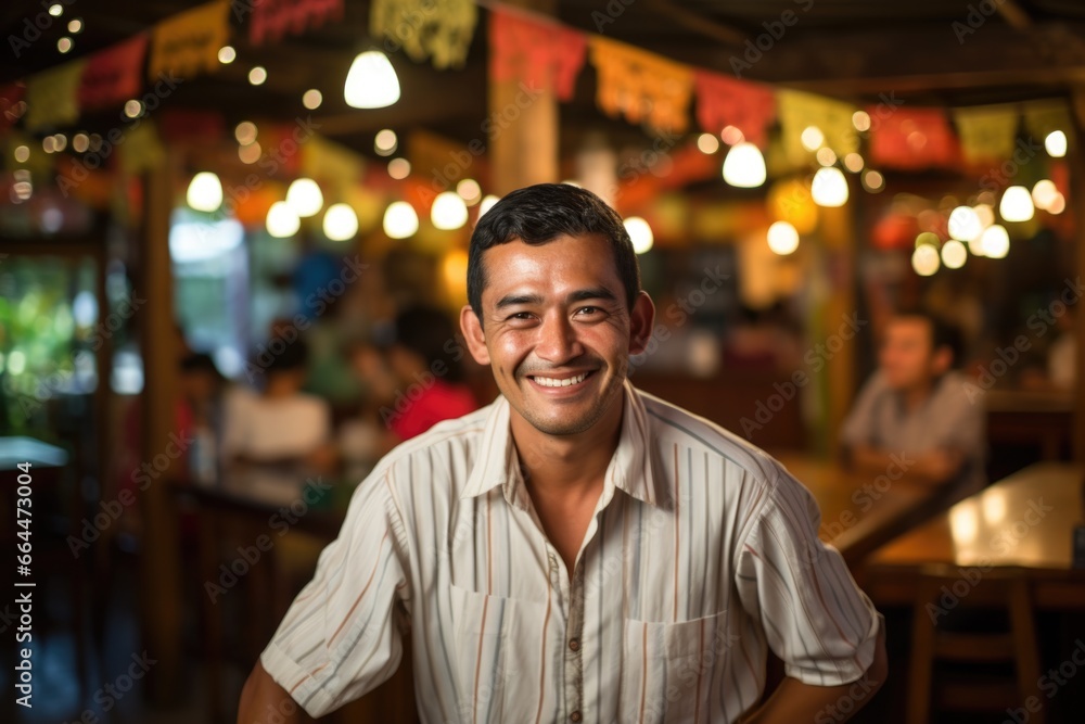 Fototapeta premium A Latin American man smiles at the camera against the background of a bar, cafe.