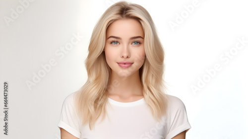Closeup photo of a blonde woman in the style of a fashion model 