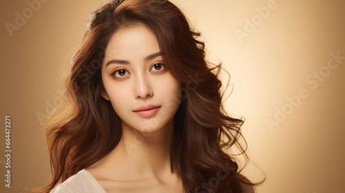 beautiful young asian woman with long brown curly hair and makeup