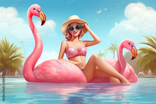 A young woman in a hat and glasses is bathing with pink flamingos. © P