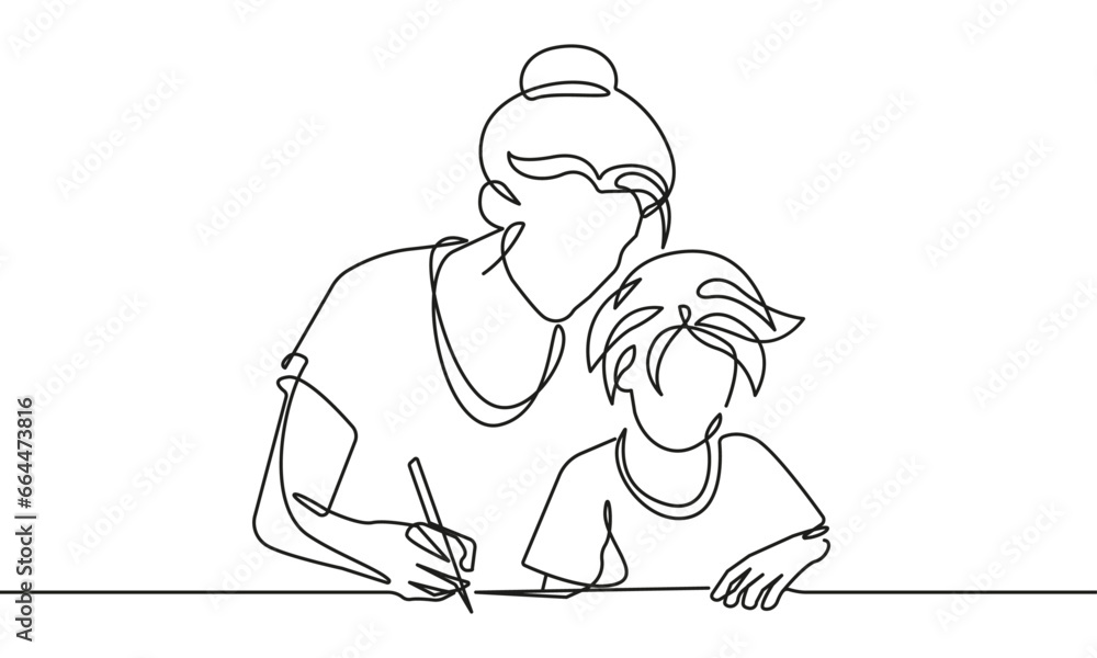 Continuous One Line Drawing of Boy and Mom. Cute Boy is a Student One Line Illustration. Education Concept Abstract Minimalist Contour Drawing. Vector EPS 10