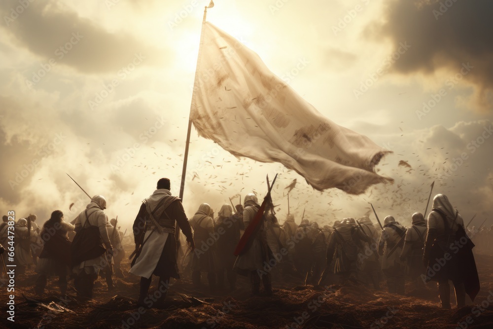 A symbolic white flag being raised amidst a battlefield. - obrazy, fototapety, plakaty 