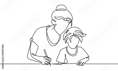 Continuous One Line Drawing of Boy and Mom. Cute Boy is a Student One Line Illustration. Education Concept Abstract Minimalist Contour Drawing. Vector EPS 10
