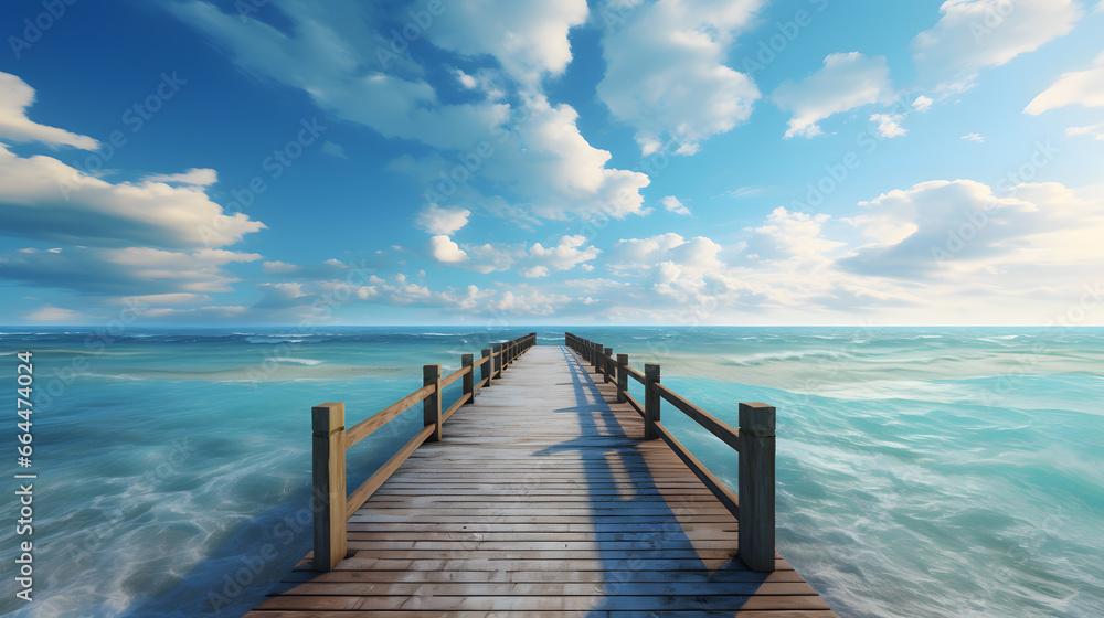 Offer a unique view from the end of a seaside pier, with the vast expanse of the sea extending outwards, creating a perspective of endless possibilities. - obrazy, fototapety, plakaty 