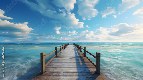 Fotografia Offer a unique view from the end of a seaside pier, with the vast expanse of the sea extending outwards, creating a perspective of endless possibilities