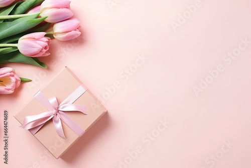 Mother's Day concept. Pink gift box with ribbon bow and a bouquet of tulips. © MSTASMA