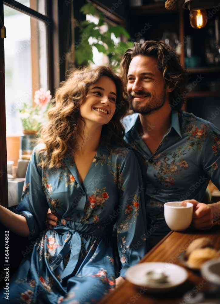 Woman smiling and putting her head on shoulder of man while sitting at a coffee shop. Loving couple on a coffee date together.