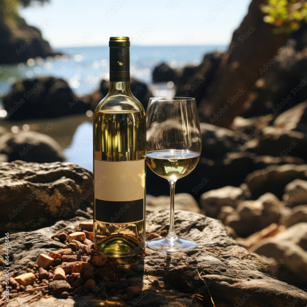 Wine bottle and wine glass displayed on rocks next to beach Wine bottle and wine glass displayed on rocks next to beach