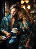 Woman smiling and putting her head on shoulder of man while sitting at a coffee shop. Loving couple on a coffee date together.