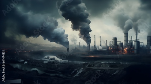 Dystopic polluted landscape with factory emitting smoke and smog, plant pipes pollute atmosphere, industry theme