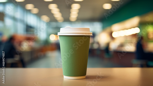 A reusable paper cup is pictured inside a motorway-side cafe/service area.