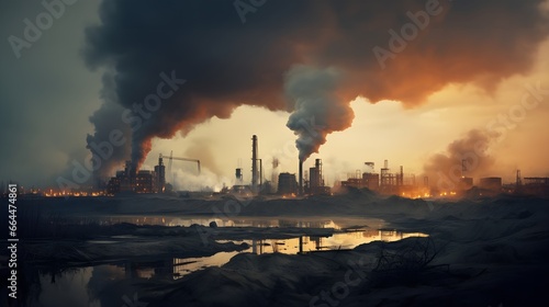 Dystopic polluted landscape with factory emitting smoke and smog, plant pipes pollute atmosphere, industry theme © David