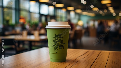 A reusable paper coffee cup within a cafe or motorway services is focused on in the picture.